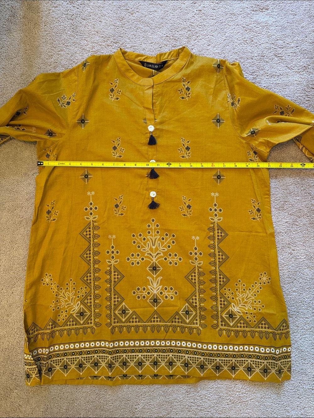 Lightweight Summer Mustard Yellow Kurta w/Tassel & Mirror Accent / Tunic / Lawn - Picture 9 of 10
